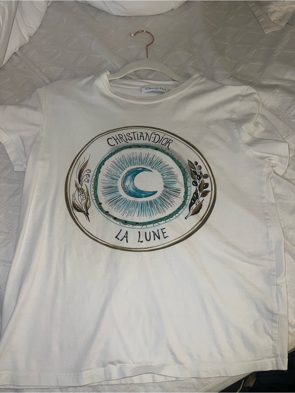 Dior White 'La Lune' Graphic Tee with Teal Crescent